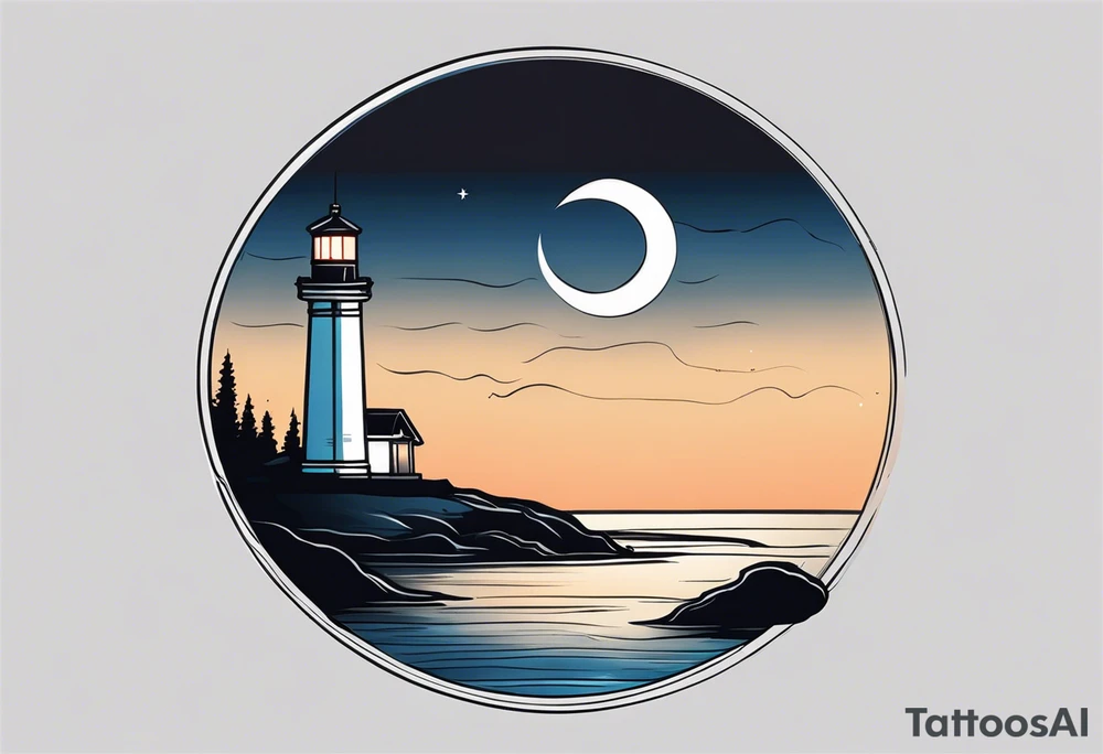 lighthouse a bit realist, night, circle framed tattoo idea