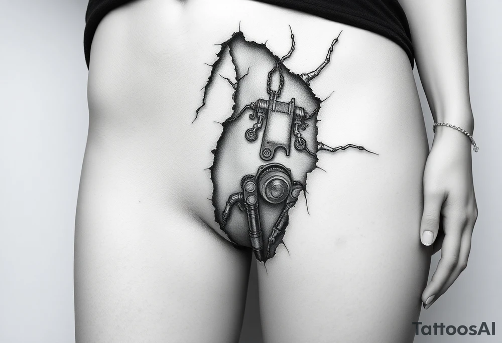A big slash wound revealing a robotic inner thigh under the skin tattoo idea
