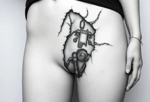 A big slash wound revealing a robotic inner thigh under the skin tattoo idea