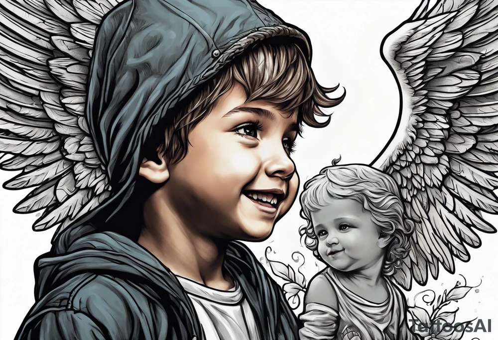 Kid smiling looking up at angel of death tattoo idea