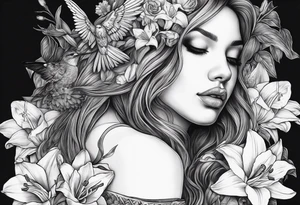 off shoulder 
fallen angel with head down and face covered by her hair surrounded by lily, daffodil, rose, daisy, narcissus holding a hummingbird tattoo idea