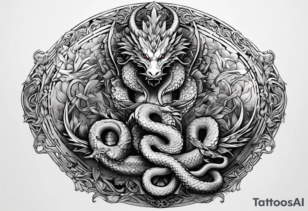 caduceus; intricate fine line and abstract with realism replace snakes with eastern dragons tattoo idea