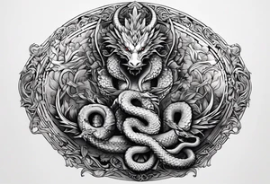caduceus; intricate fine line and abstract with realism replace snakes with eastern dragons tattoo idea