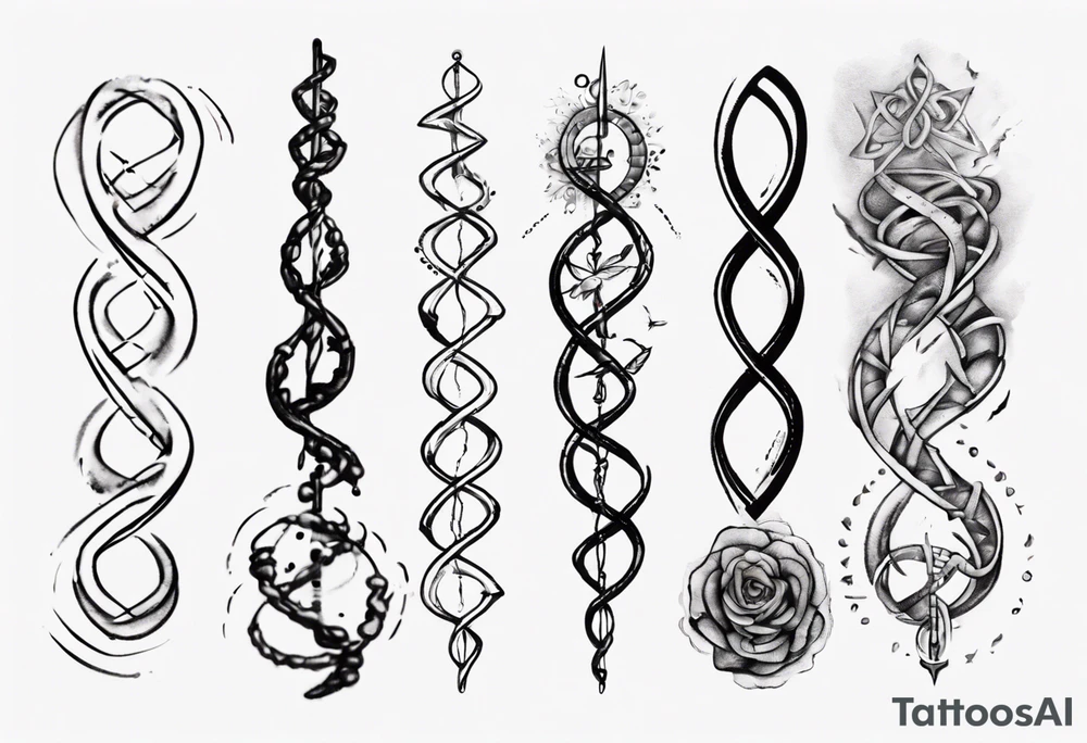 Create a tattoo sketch that visually represents my life journey and the evolution of mindfulness. Consider life as a DNA chain, where each link symbolizes key moments of my development and consciousness. Allow the images to change and transform, reflecting the evolution of my perception and self-understanding over time tattoo idea