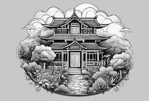 night ancient town  garden many small houses gate entrance 
 in circle vignette surrounded by clouds floral tattoo idea