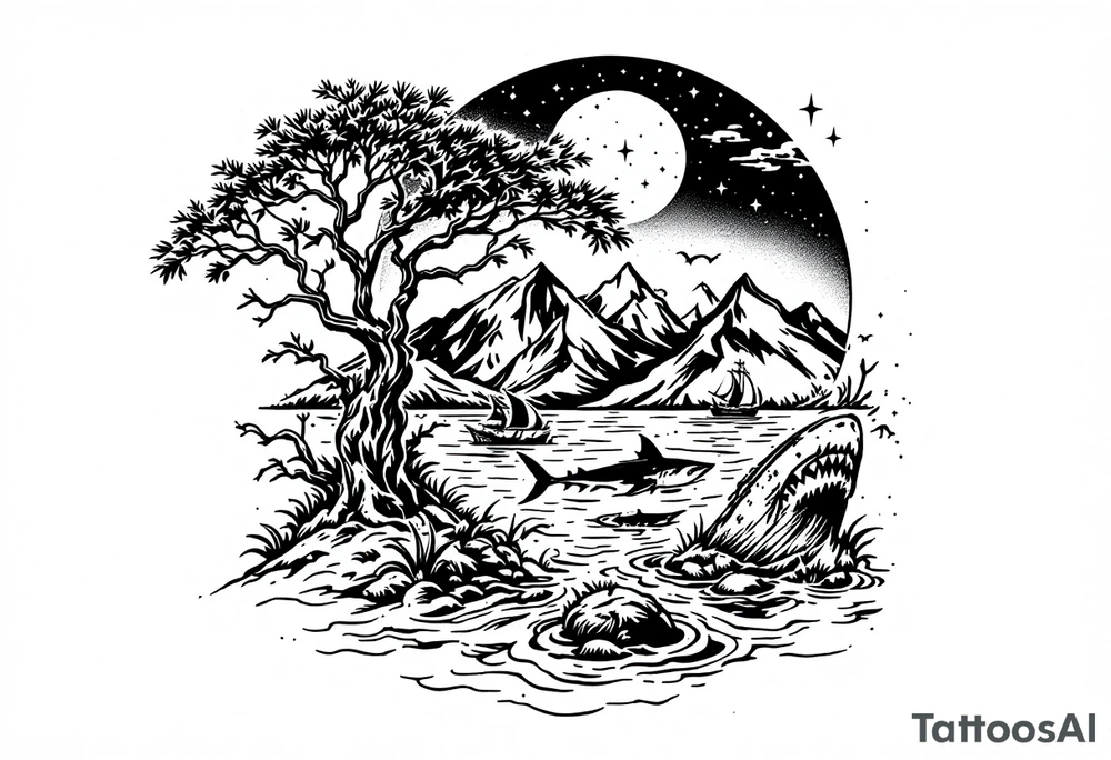 tattoo that has an acacia tree with mountains, ocean with a ship wreck with sharks and the northern star tattoo idea