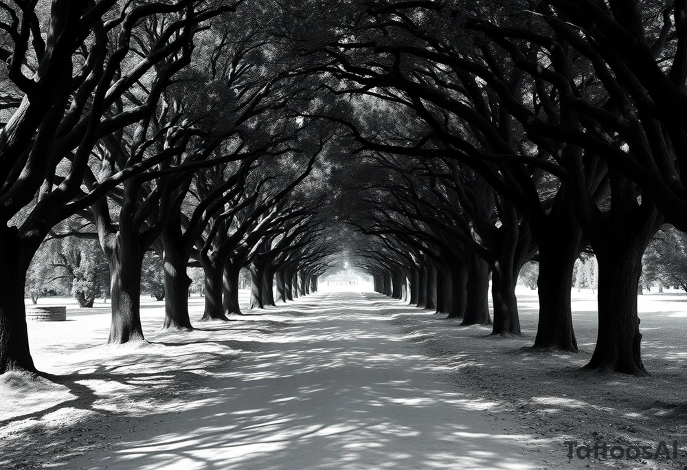 Tree lined dirt road. Road is rough, not smooth. Trees are oak, lining the road unevenly, tight so little light gets through. Branches arch across the road, some meeting in the middle. Dappled sunlight where it hits. Road gets smaller in the distance. tattoo idea