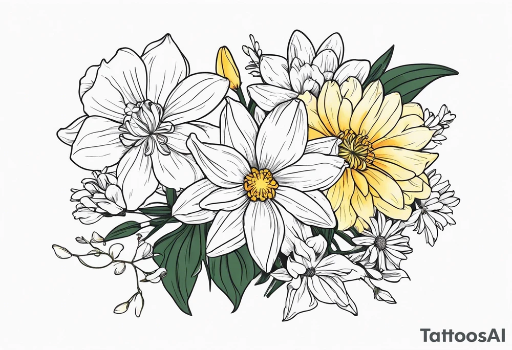 Narcissus, CHRYSANTHEMUM, COSMOS, SNOW DROP in a bouquet tattoo idea