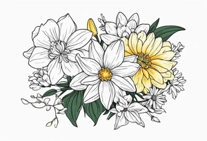 Narcissus, CHRYSANTHEMUM, COSMOS, SNOW DROP in a bouquet tattoo idea