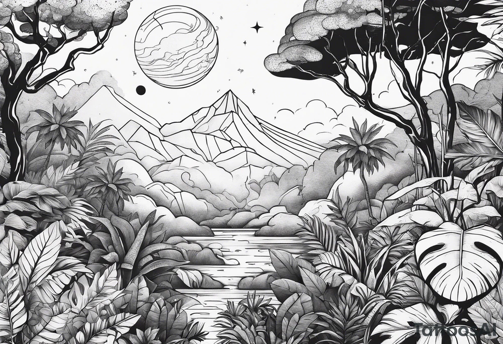 minimalistic jungle vs space with line tattoo idea