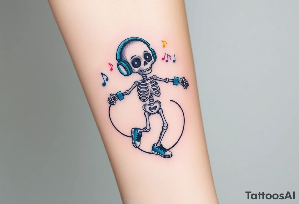 Cute skeleton with dreamy eyes jumping on a jump rope with blue headphones blue armbands blue sneakers and colorful  music notes around his head tattoo idea