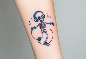 Cute skeleton with dreamy eyes jumping on a jump rope with blue headphones blue armbands blue sneakers and colorful  music notes around his head tattoo idea