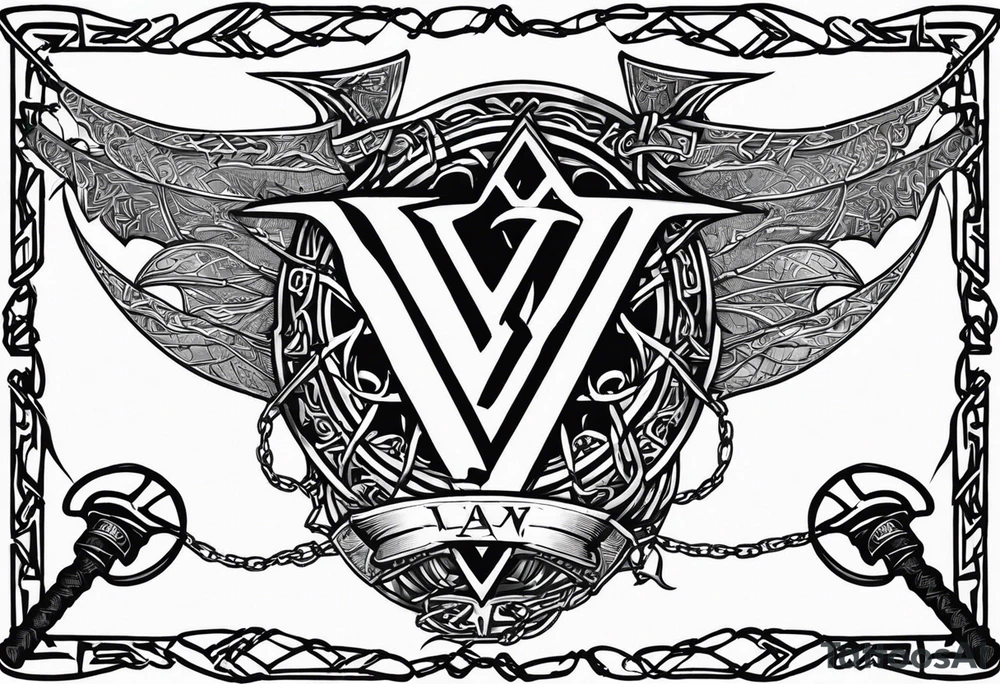 Valhalla sword shield dragon axe Valknut barbed wire chains tattoo idea Valhalla sword shield dragon axe Valknut barbed wire chains tattoo idea