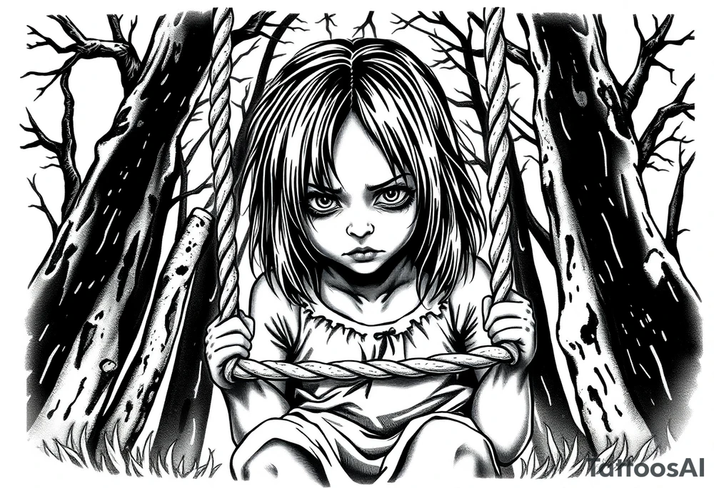 creepy grudge style little girl with hair covering her face in the woods on a rope swing tattoo idea