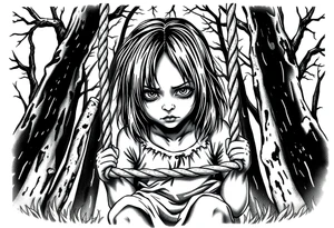 creepy grudge style little girl with hair covering her face in the woods on a rope swing tattoo idea
