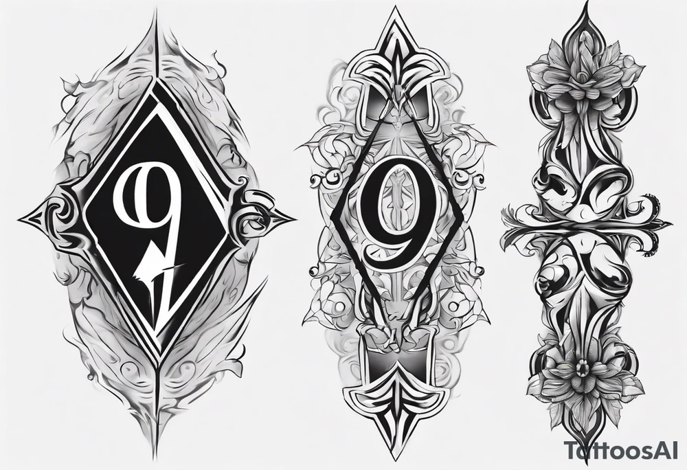 number 9 right side up and upside down connected tattoo black and grey on inside forearm 9:16 aspect ratio tattoo idea