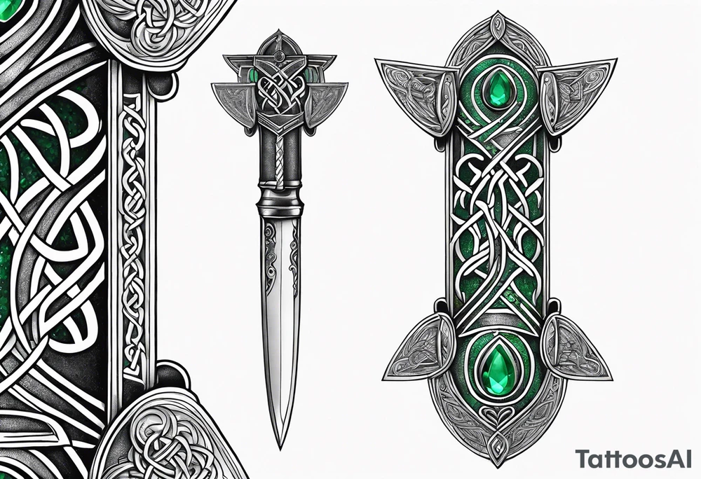 A Celtic dagger with an oak hilt turned upright and emerald gemstones on it tattoo idea