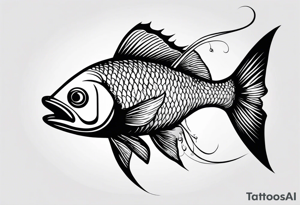 A Fish eating a small silhouette of a man on a hook tattoo idea