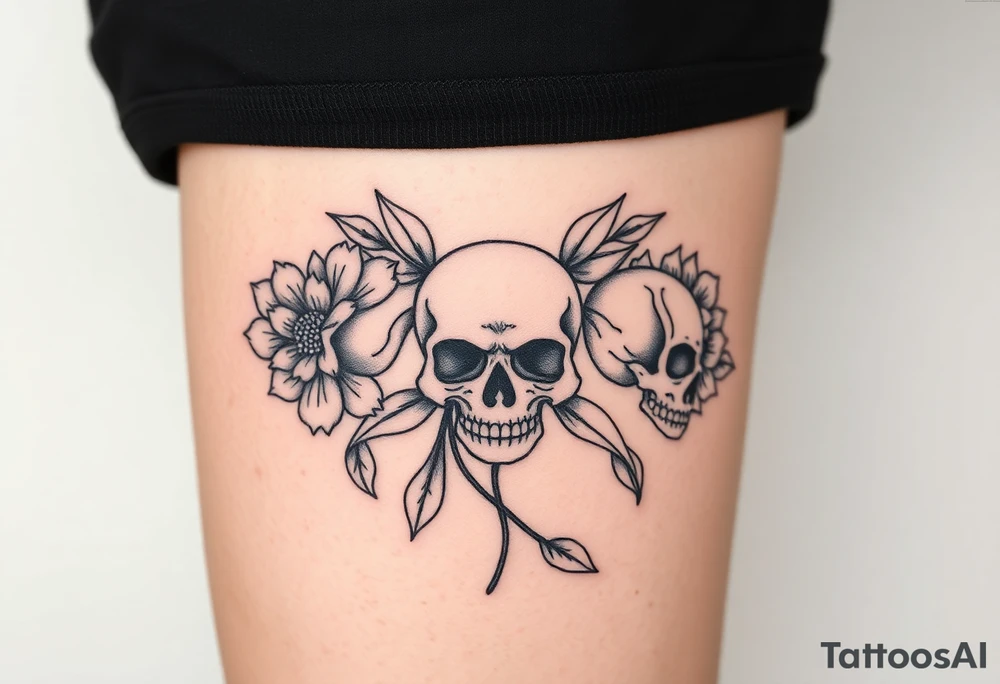 Three Flowers with skulls in the center of the flowers tattoo idea