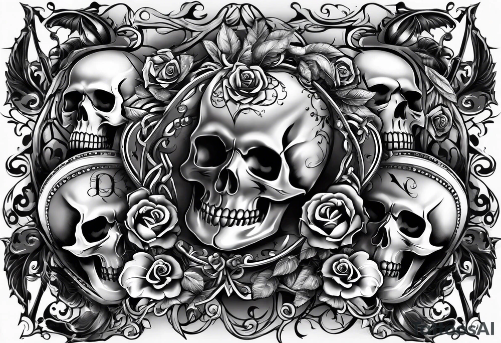 Full arm sleeve incorporating the four aces in a deck of cards, skulls, daggers, roses, thorns and the names: Ace, Willow, and Rider. Background is smoke. tattoo idea