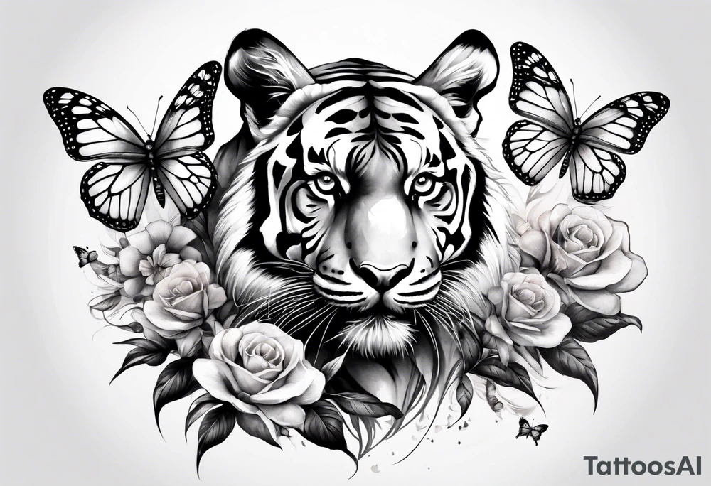 realistic full body tiger, 3 butterflies, flowers for ladies thigh / hip shaded tattoo idea