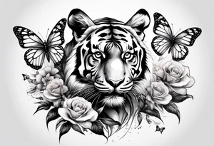 realistic full body tiger, 3 butterflies, flowers for ladies thigh / hip shaded tattoo idea