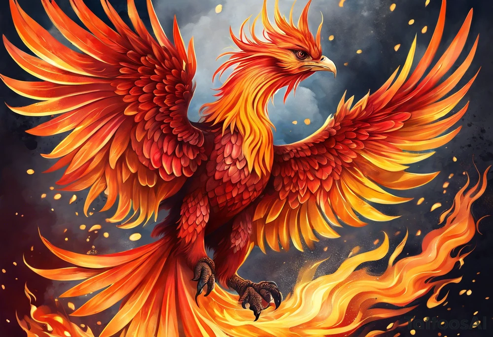 beautiful phenix, rising from fire and ash, signaling rebirth, renewal, beautiful, intricate, orange, red, deep red, bright orange, light yellow,. dark yellow, tattoo idea