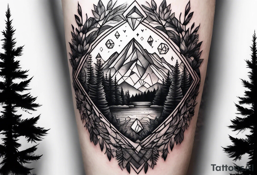a forest along the edges with mountains below and in the distance with full trees and a diamond in the middle tattoo idea