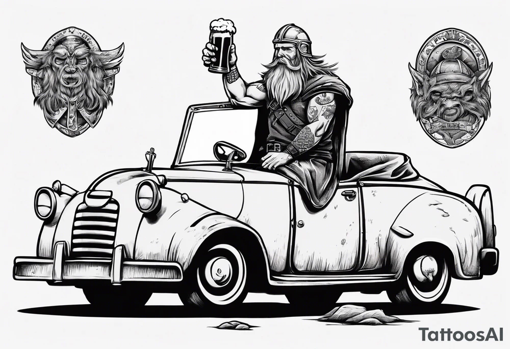 A Viking driving an old vintage car holding a beer tattoo idea