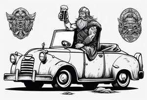 A Viking driving an old vintage car holding a beer tattoo idea