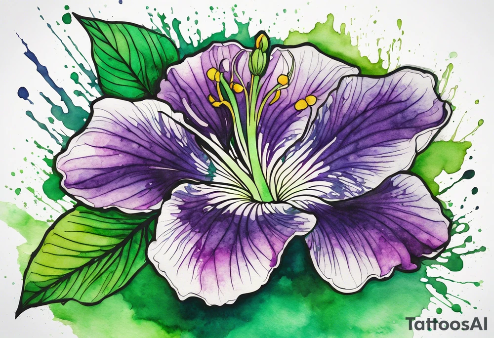 An outline of an only green rio dipladenia flower and a green and purple watercolor splash in the background tattoo idea