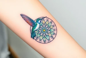 A hummingbird hovering near a Flower of Life centered in round cyrcle, representing harmony and the energy of life. tattoo idea