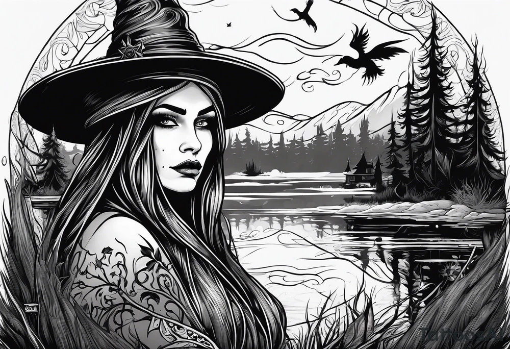 Slavic swamp witch with a broom creepy tattoo idea