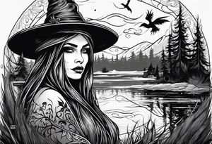 Slavic swamp witch with a broom creepy tattoo idea