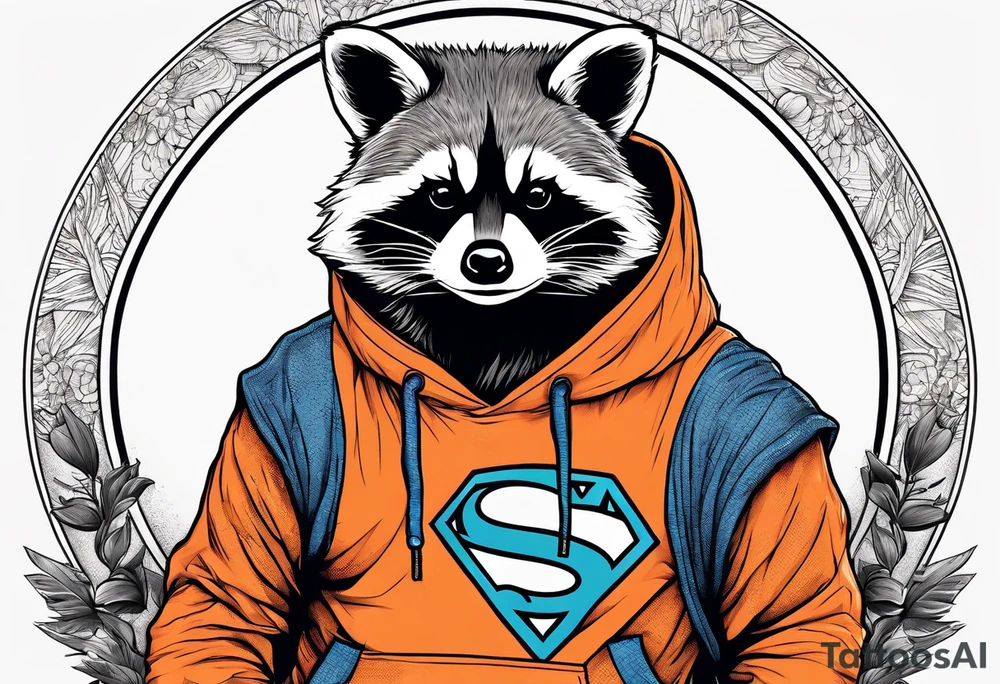 Raccoon wearing an orange Superman hoodie tattoo idea
