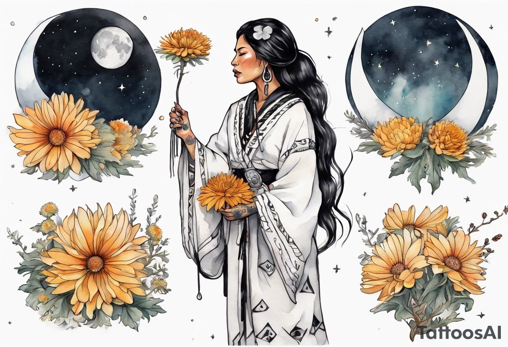 a beautiful 40-year-old Anishinaabe woman wearing black and white robes standing on the moon with a chrysanthemum in her hair tattoo idea