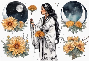 a beautiful 40-year-old Anishinaabe woman wearing black and white robes standing on the moon with a chrysanthemum in her hair tattoo idea