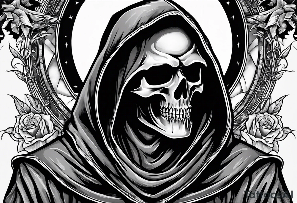 grim reaper with his hood off and a halo above his head tattoo idea