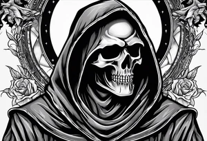 grim reaper with his hood off and a halo above his head tattoo idea