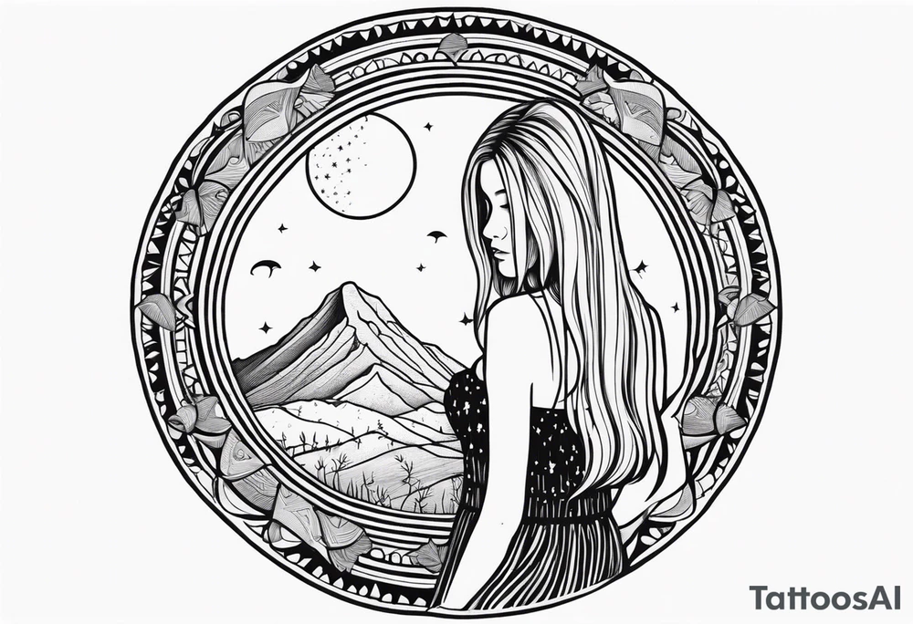 Straight blonde hair girl facing away toward mountains surrounded by mushrooms crescent moon mandala circular design black and white striped dress "8" in hair tattoo idea