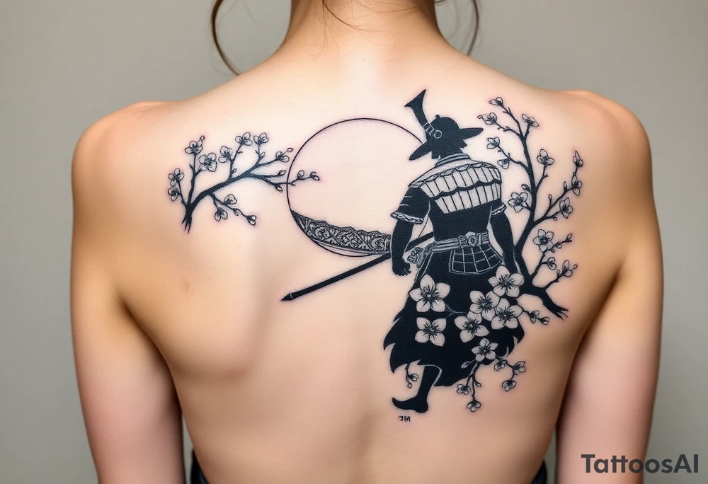 noble samurai warrior silhouette at sunset with cherry blossoms tattoo idea