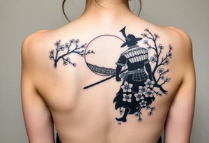 noble samurai warrior silhouette at sunset with cherry blossoms tattoo idea