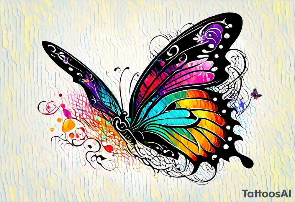 butterfly with one wing black scribbles, the other wing beautiful and colorful, the body has the date 1.9.2023 and the words written "I chose to live." tattoo idea