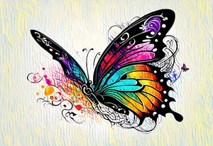 butterfly with one wing black scribbles, the other wing beautiful and colorful, the body has the date 1.9.2023 and the words written "I chose to live." tattoo idea