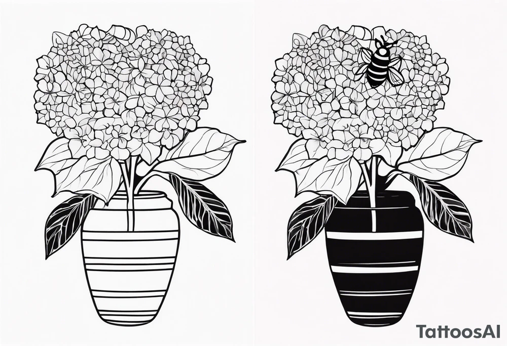 3 in by 2 in minimalist tattoo for forearm of a Hydrangea and bee not touching tattoo idea