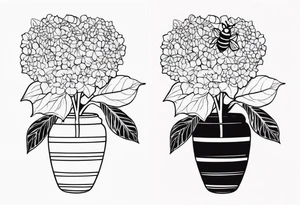 3 in by 2 in minimalist tattoo for forearm of a Hydrangea and bee not touching tattoo idea