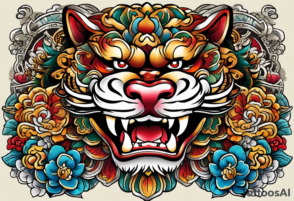 Okinawa style twin shisa dogs, one with open mouth, one with closed mouth, chest/pecs, Yakuza style, old school tattoo idea