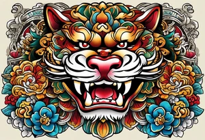 Okinawa style twin shisa dogs, one with open mouth, one with closed mouth, chest/pecs, Yakuza style, old school tattoo idea