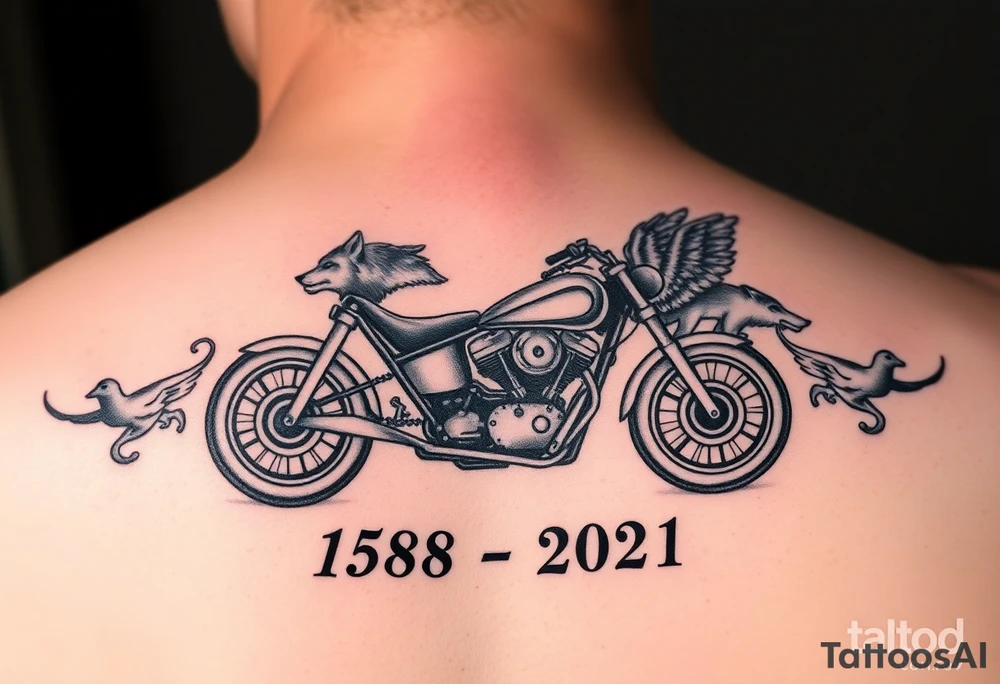 the year 1958 - 2021 with a motorcycle on it with guardian angel wolves tattoo idea