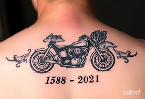 the year 1958 - 2021 with a motorcycle on it with guardian angel wolves tattoo idea